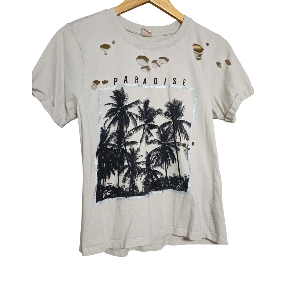 Messy Bun Just Chillin Paradise Palm Tree Distressed Graphic Tee Beige Small